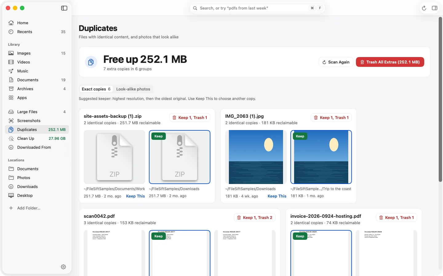 FileSift Duplicates screen offering to free 252.1 MB from 7 extra copies in 6 groups, with a suggested keeper marked in each group