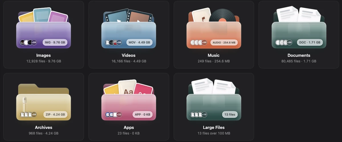 Glossy folders for Images, Videos, Music, Documents, Archives, Apps and Large Files
